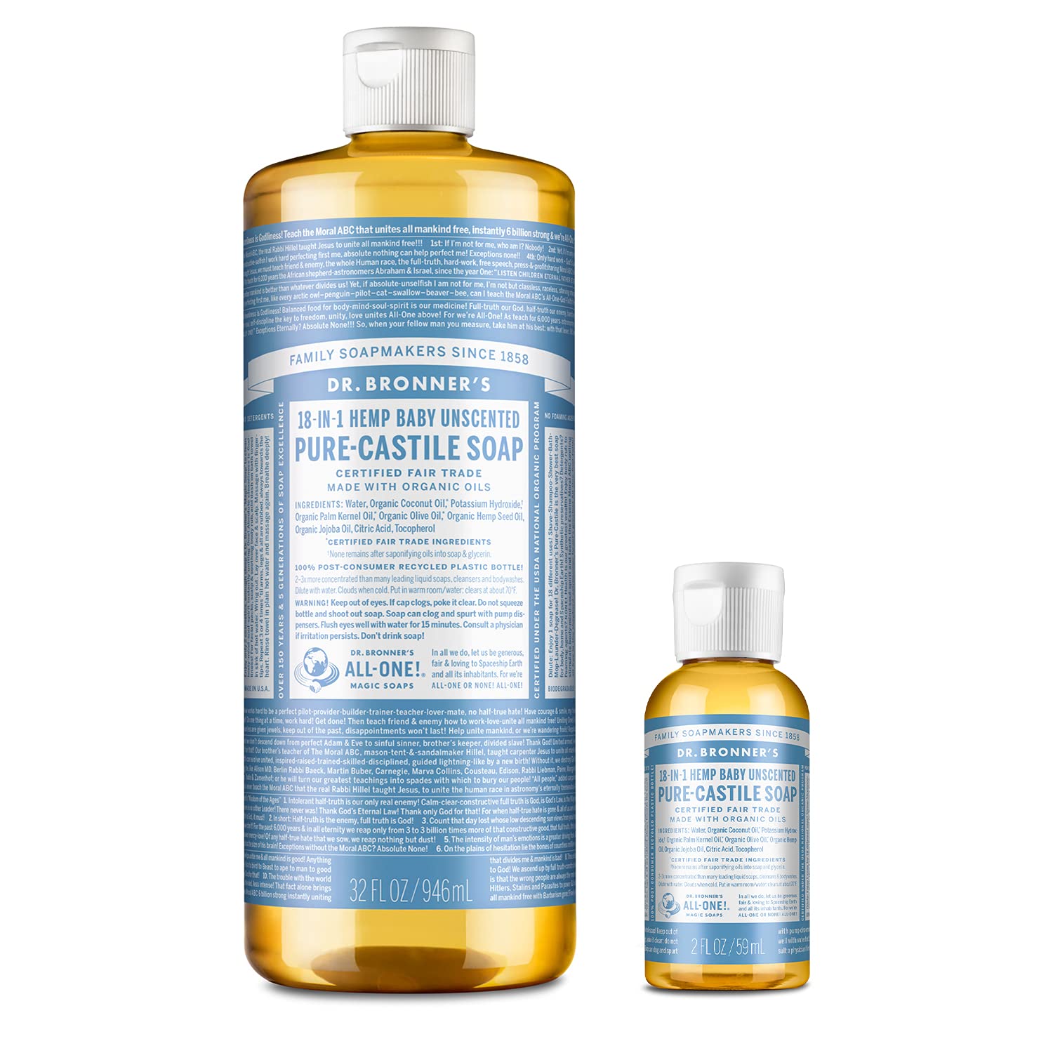 Dr. Bronner's Pure-Castile Liquid Soap – Baby Unscented Bundle. 32 oz. Bottle and 2 oz. Travel Bottle